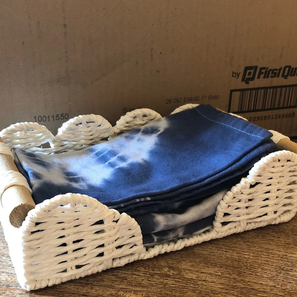 Blue Tie-Dye Cotton Napkins & White Wicker Napkin Holder set - Home Accents